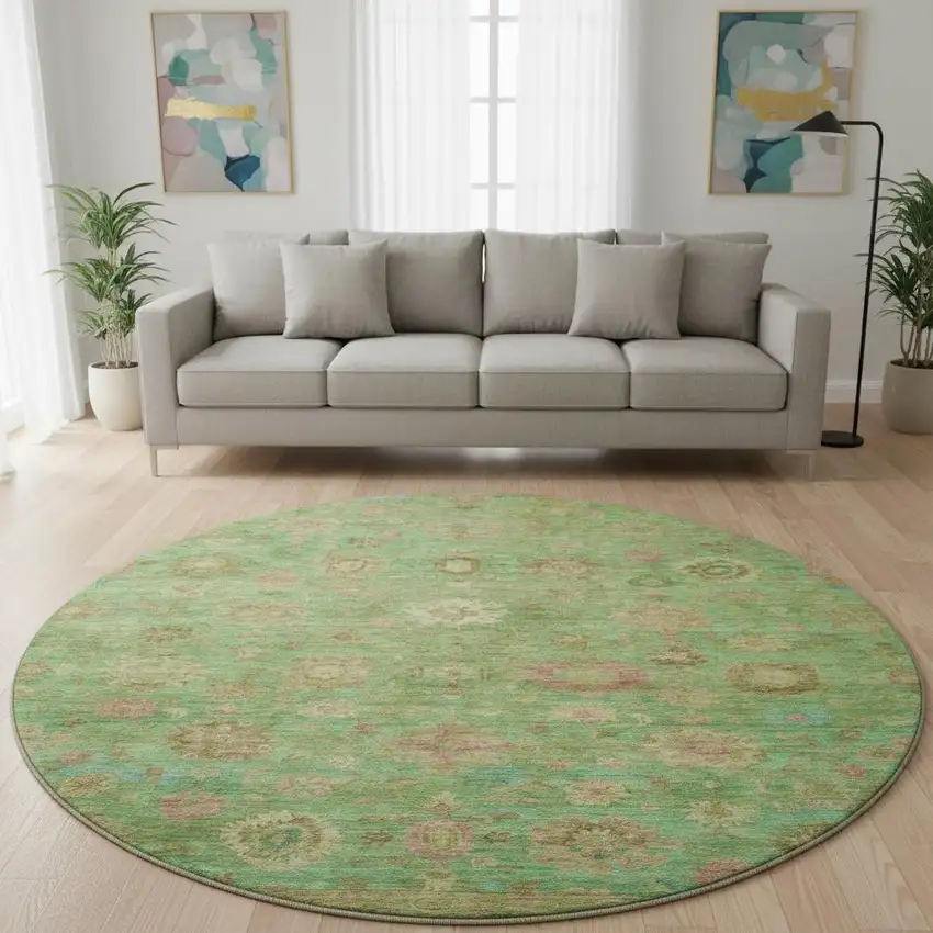 8' Lime Green Pink And Teal Damask Washable Round Rug With UV Protection Photo 2