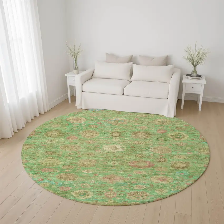 8' Lime Green Pink And Teal Damask Washable Round Rug With UV Protection Photo 4