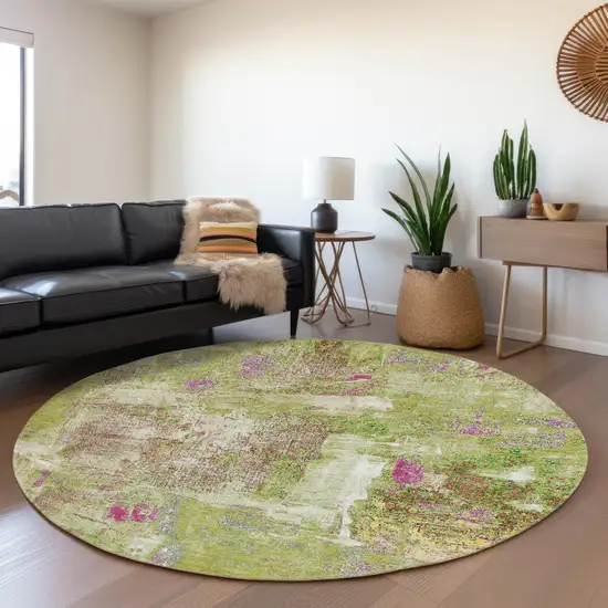 8' Lime Green Pink And Yellow Abstract Washable Round Rug With UV Protection Photo 2