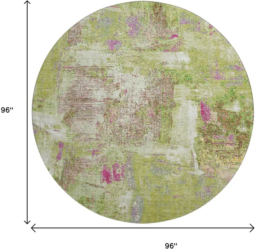 8' Lime Green Pink And Yellow Abstract Washable Round Rug With UV Protection Photo 7