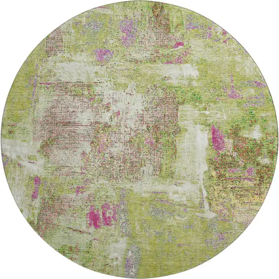 8' Lime Green Pink And Yellow Abstract Washable Round Rug With UV Protection Photo 1