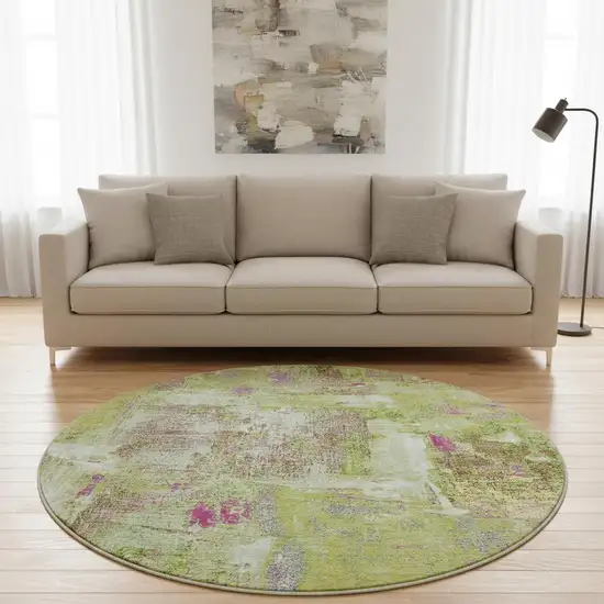8' Lime Green Pink And Yellow Abstract Washable Round Rug With UV Protection Photo 2