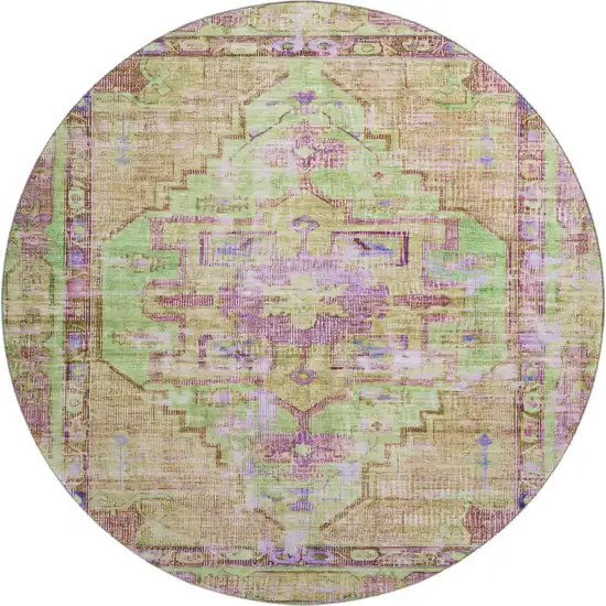 8' Lime Green Purple And Beige Oriental Washable Round Rug With UV Protection Photo 1