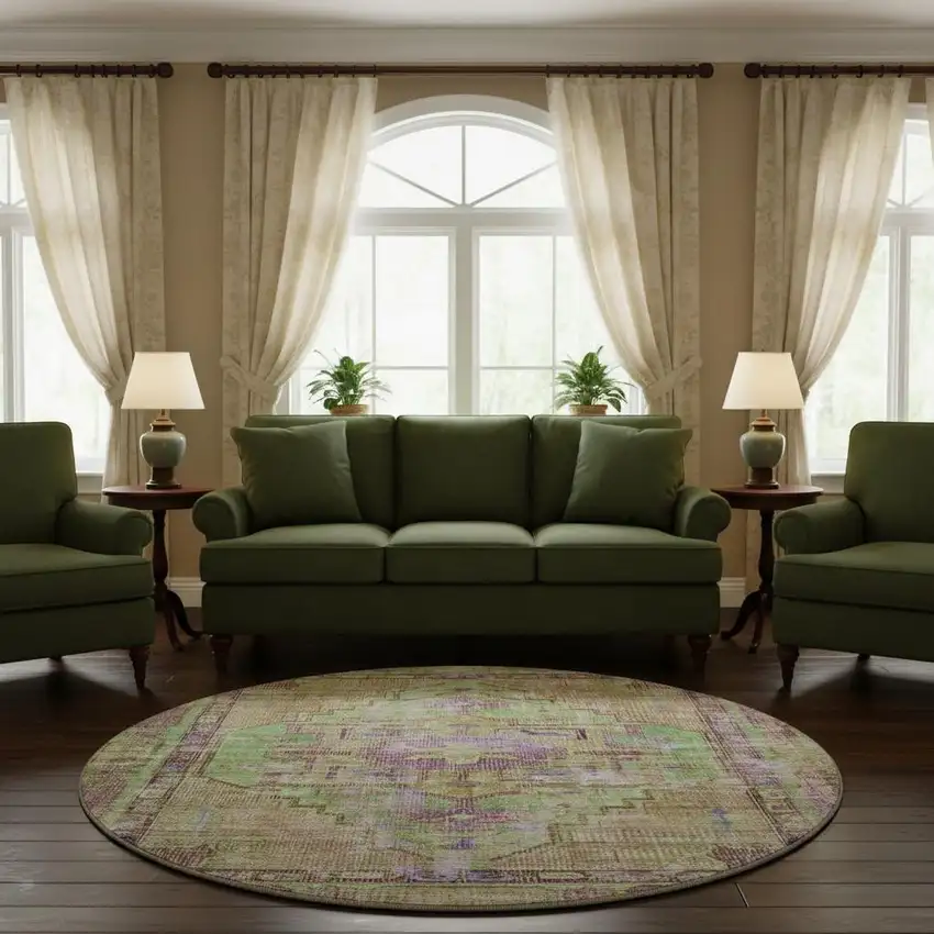 8' Lime Green Purple And Beige Oriental Washable Round Rug With UV Protection Photo 2