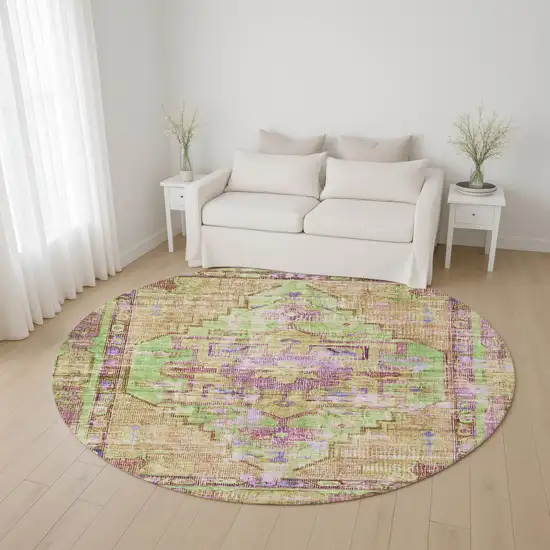 8' Lime Green Purple And Beige Oriental Washable Round Rug With UV Protection Photo 4