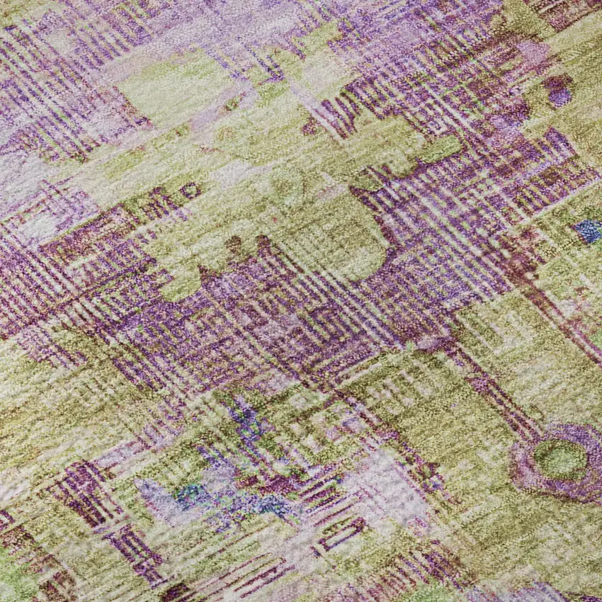 8' Lime Green Purple And Beige Oriental Washable Round Rug With UV Protection Photo 8