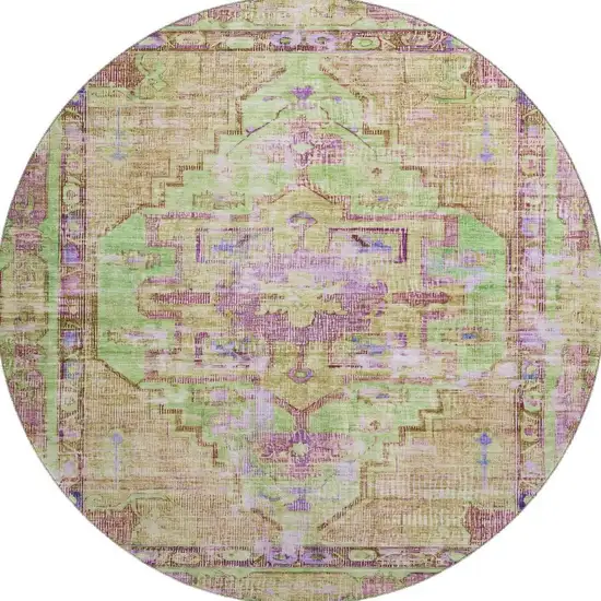 8' Lime Green Purple And Beige Oriental Washable Round Rug With UV Protection Photo 3