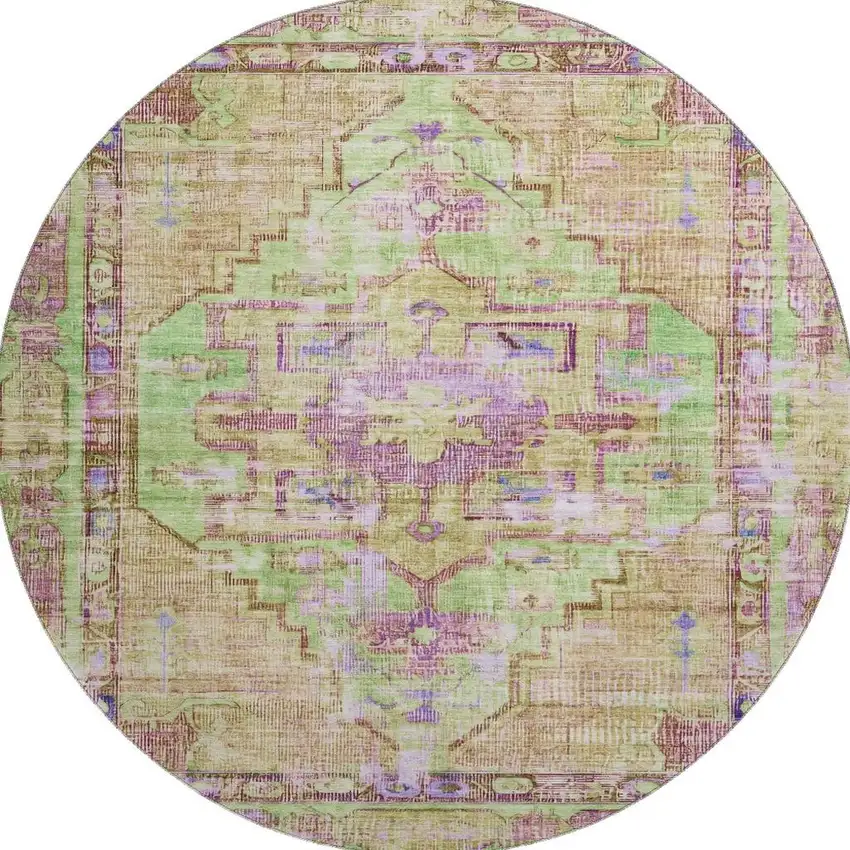 8' Lime Green Purple And Beige Oriental Washable Round Rug With UV Protection Photo 3