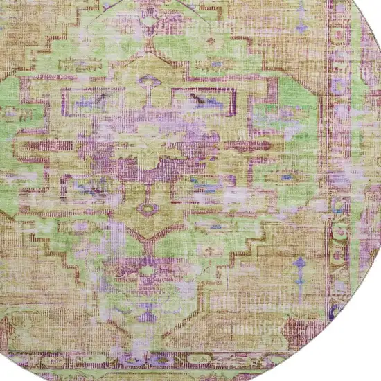 8' Lime Green Purple And Beige Oriental Washable Round Rug With UV Protection Photo 2