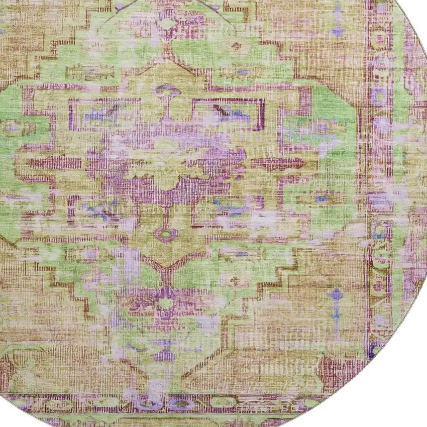 8' Lime Green Purple And Beige Oriental Washable Round Rug With UV Protection Photo 2