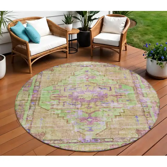 8' Lime Green Purple And Beige Round Oriental Washable Indoor Outdoor Area Rug Photo 2