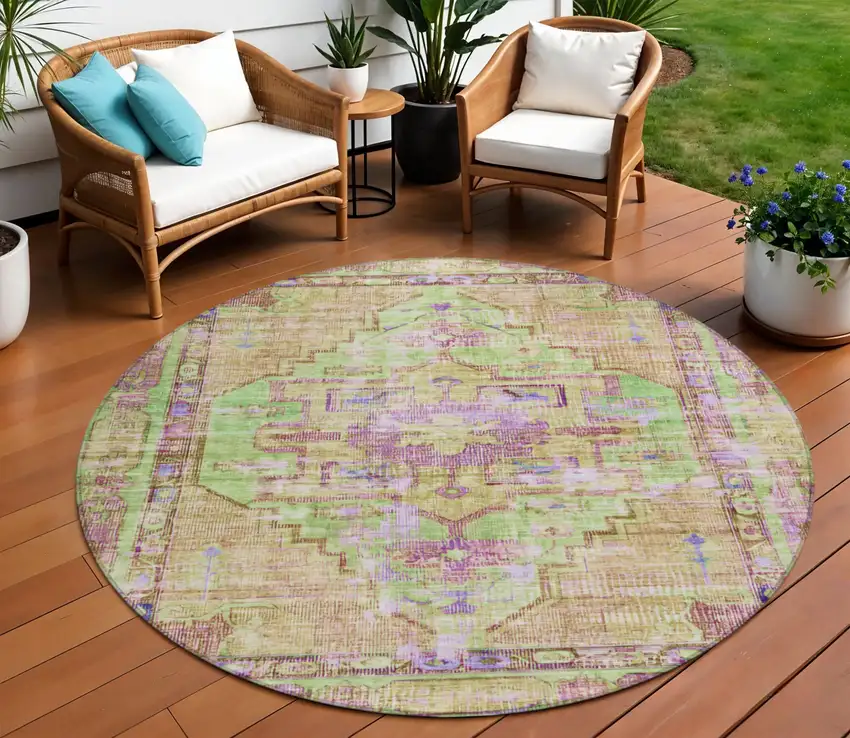 8' Lime Green Purple And Beige Round Oriental Washable Indoor Outdoor Area Rug Photo 2