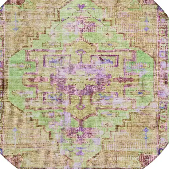 8' Lime Green Purple And Beige Round Oriental Washable Indoor Outdoor Area Rug Photo 8