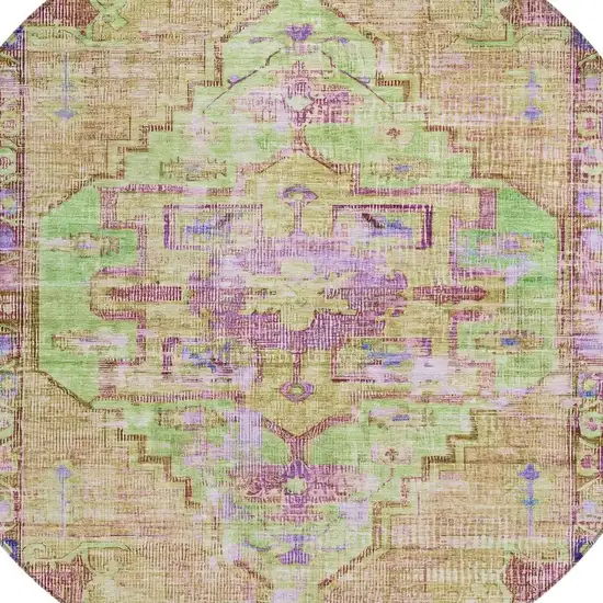 8' Lime Green Purple And Beige Round Oriental Washable Indoor Outdoor Area Rug Photo 4