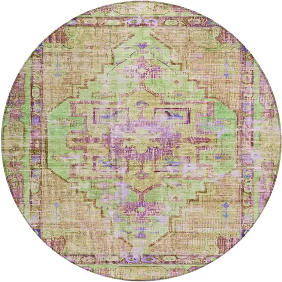 8' Lime Green Purple And Beige Round Oriental Washable Indoor Outdoor Area Rug Photo 1