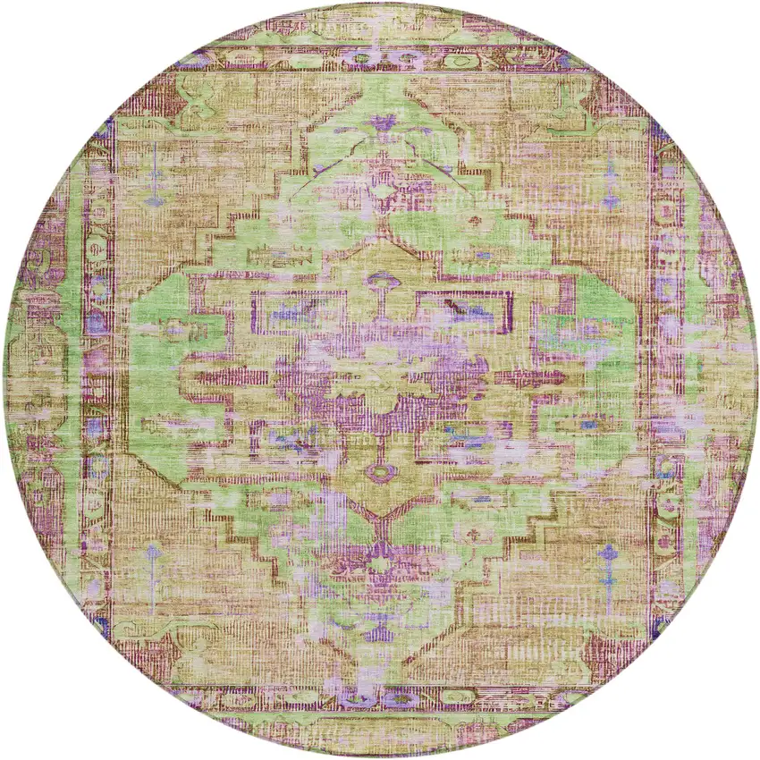8' Lime Green Purple And Beige Round Oriental Washable Indoor Outdoor Area Rug Photo 1