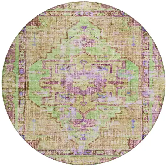 8' Lime Green Purple And Beige Round Oriental Washable Indoor Outdoor Area Rug Photo 3