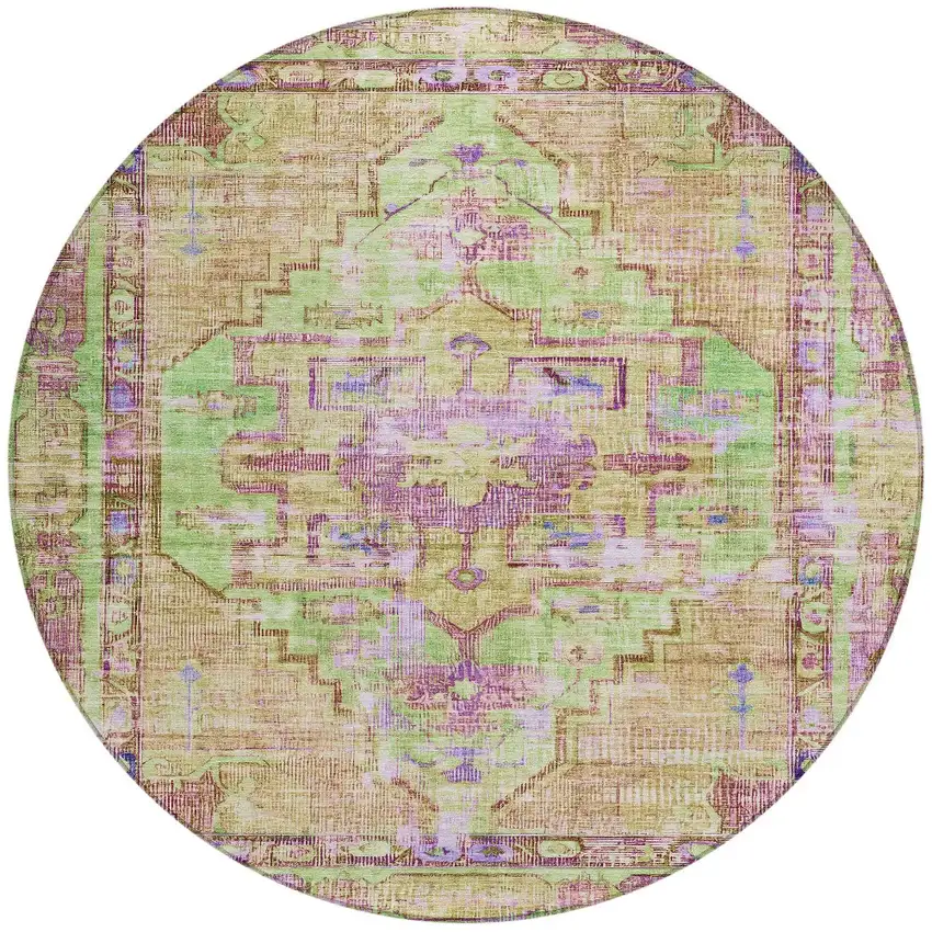 8' Lime Green Purple And Beige Round Oriental Washable Indoor Outdoor Area Rug Photo 3