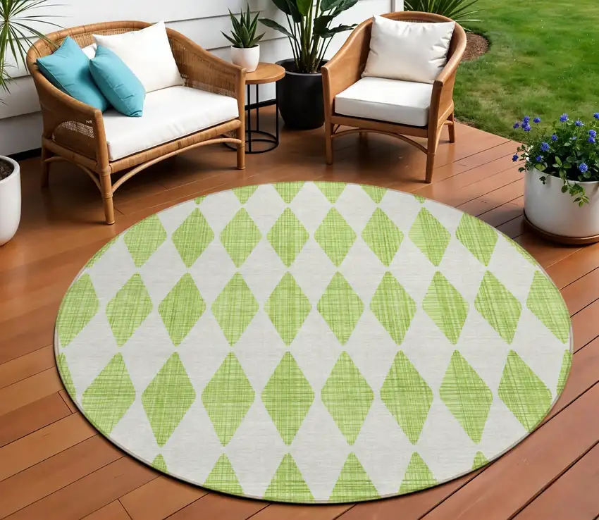 8' Lime Green Round Geometric Washable Indoor Outdoor Area Rug Photo 1