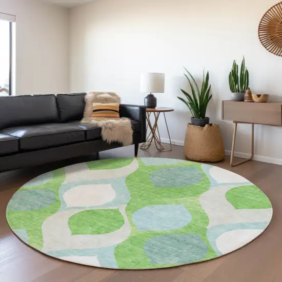 8' Lime Green Sky Blue And Denim Blue Round Ogee Washable Indoor Outdoor Area Rug Photo 7