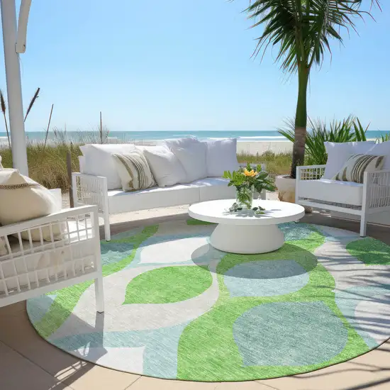 8' Lime Green Sky Blue And Denim Blue Round Ogee Washable Indoor Outdoor Area Rug Photo 6
