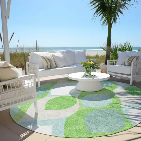 8' Lime Green Sky Blue And Denim Blue Round Ogee Washable Indoor Outdoor Area Rug Photo 6