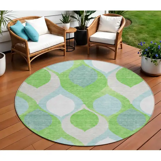8' Lime Green Sky Blue And Denim Blue Round Ogee Washable Indoor Outdoor Area Rug Photo 1