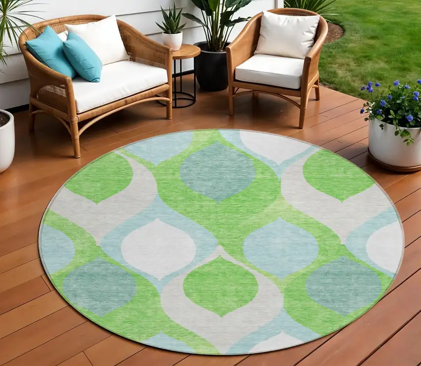 8' Lime Green Sky Blue And Denim Blue Round Ogee Washable Indoor Outdoor Area Rug Photo 1