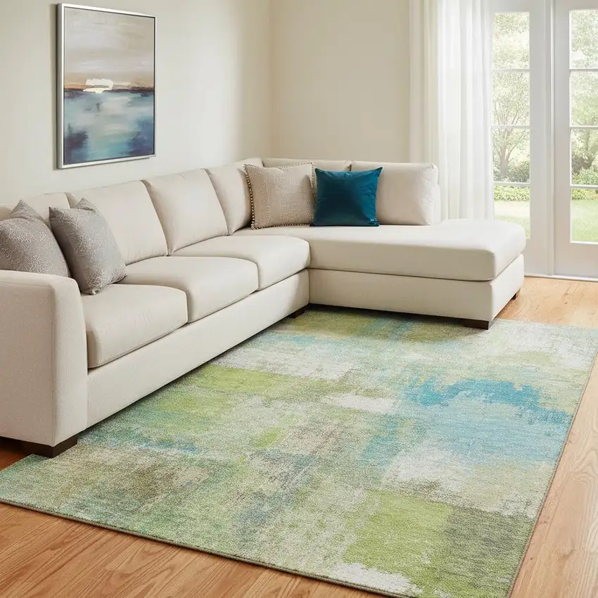 8' Lime Green Teal And Ivory Abstract Washable Area Rug With UV Protection Photo 2
