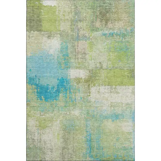 8' Lime Green Teal And Ivory Abstract Washable Area Rug With UV Protection Photo 1
