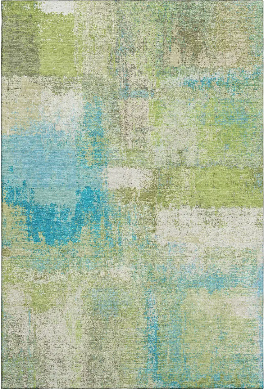 8' Lime Green Teal And Ivory Abstract Washable Area Rug With UV Protection Photo 1
