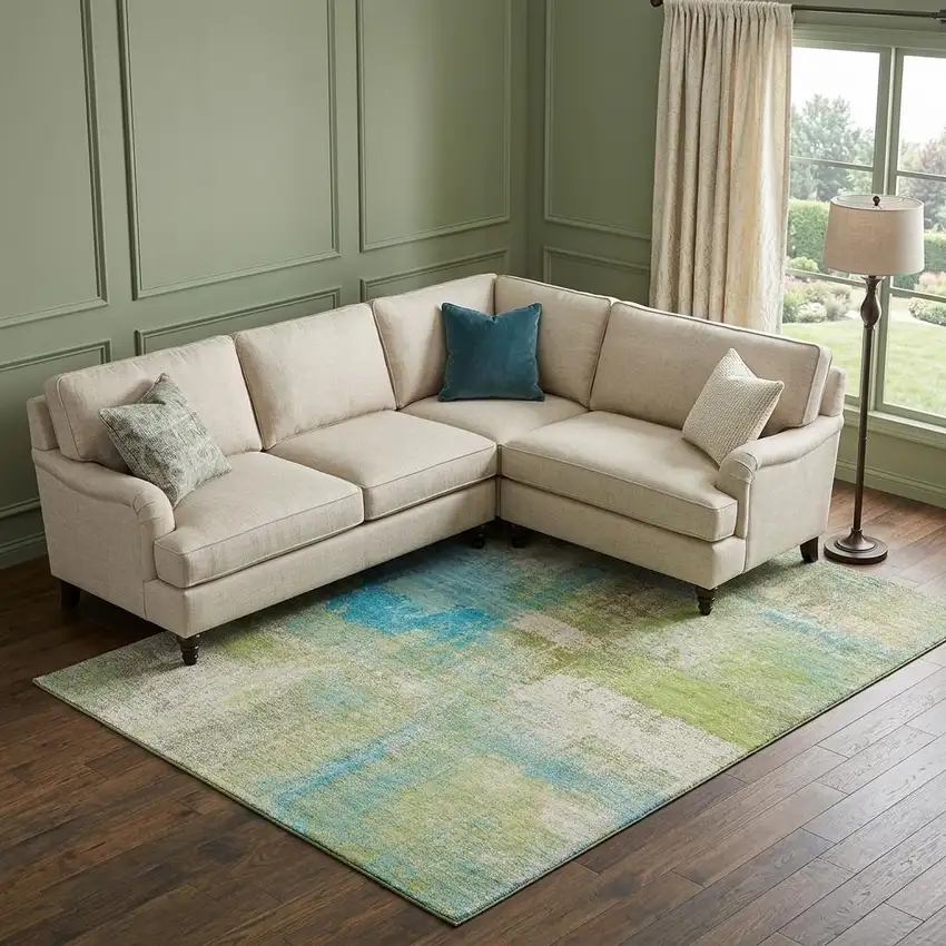 8' Lime Green Teal And Ivory Abstract Washable Area Rug With UV Protection Photo 1
