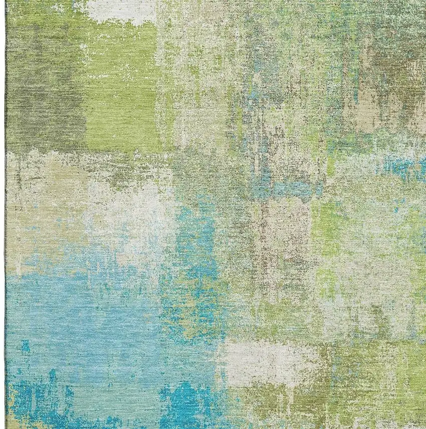 8' Lime Green Teal And Ivory Abstract Washable Area Rug With UV Protection Photo 2
