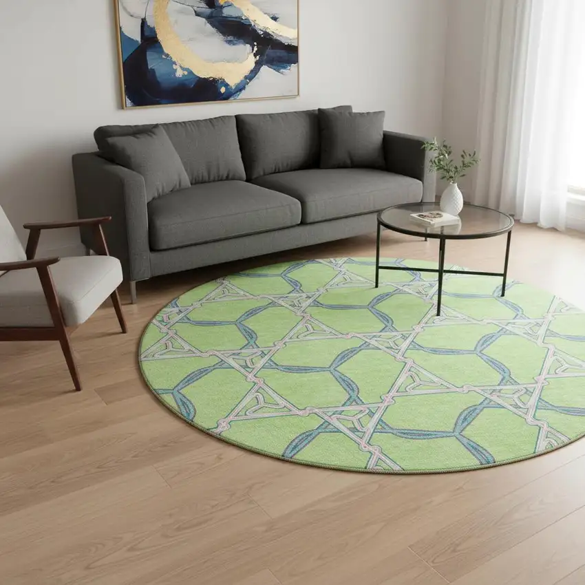 8' Lime Green Teal And Ivory Geometric Washable Round Rug With UV Protection Photo 2