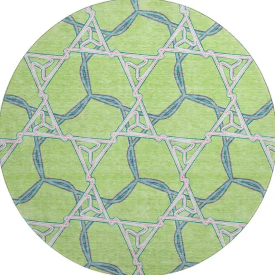 8' Lime Green Teal And Ivory Geometric Washable Round Rug With UV Protection Photo 2