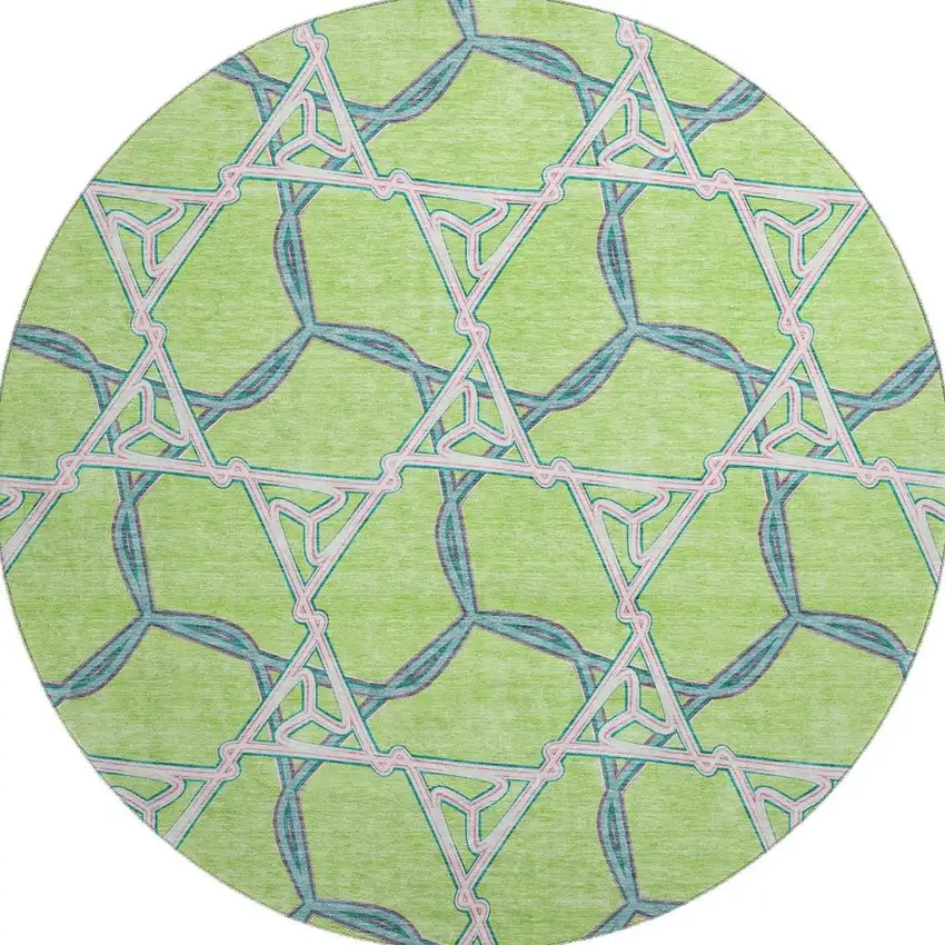 8' Lime Green Teal And Ivory Geometric Washable Round Rug With UV Protection Photo 2