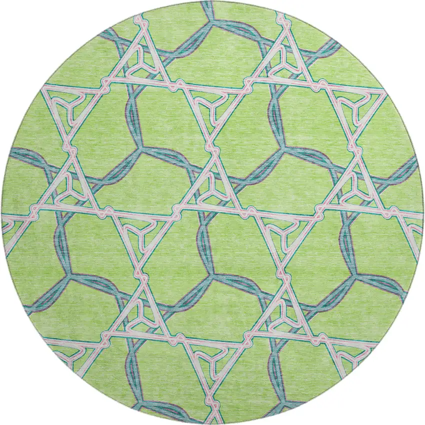 8' Lime Green Teal And Ivory Geometric Washable Round Rug With UV Protection Photo 1