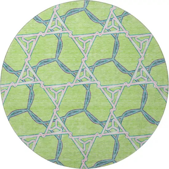 8' Lime Green Teal And Ivory Geometric Washable Round Rug With UV Protection Photo 3