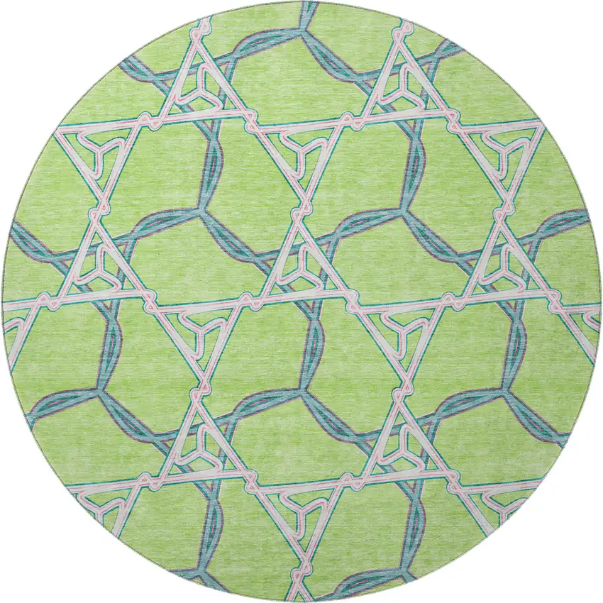 8' Lime Green Teal And Ivory Geometric Washable Round Rug With UV Protection Photo 3