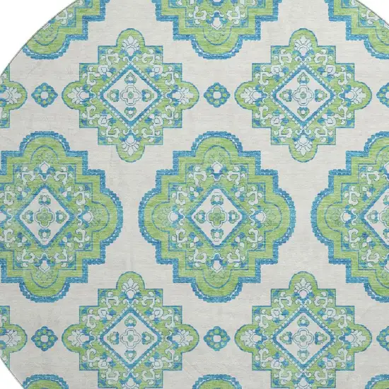 8' Lime Green Teal And Ivory Medallion Washable Round Rug With UV Protection Photo 3