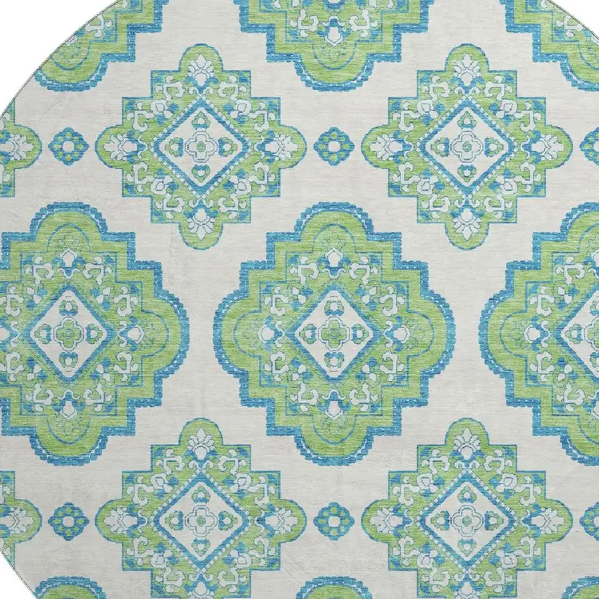 8' Lime Green Teal And Ivory Medallion Washable Round Rug With UV Protection Photo 3