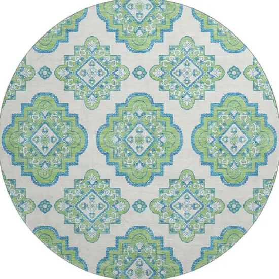 8' Lime Green Teal And Ivory Medallion Washable Round Rug With UV Protection Photo 4