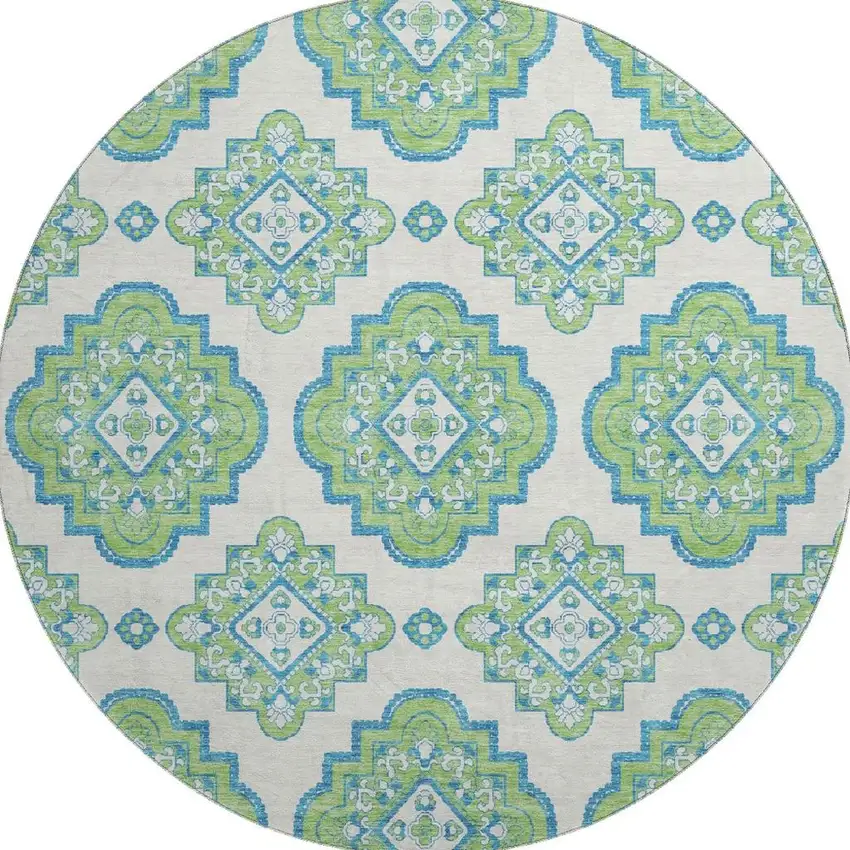 8' Lime Green Teal And Ivory Medallion Washable Round Rug With UV Protection Photo 4