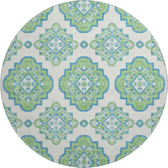 8' Lime Green Teal And Ivory Medallion Washable Round Rug With UV Protection Photo 1