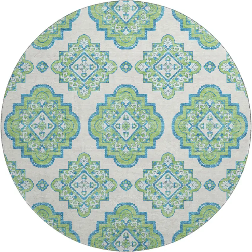 8' Lime Green Teal And Ivory Medallion Washable Round Rug With UV Protection Photo 1