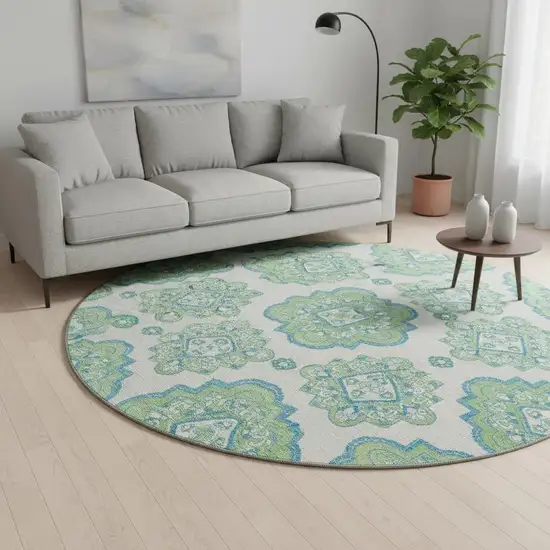 8' Lime Green Teal And Ivory Medallion Washable Round Rug With UV Protection Photo 2