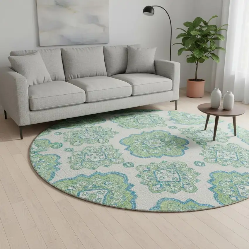 8' Lime Green Teal And Ivory Medallion Washable Round Rug With UV Protection Photo 2