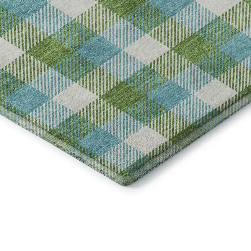 8' Lime Green Teal And Ivory Plaid Washable Round Rug With UV Protection Photo 6