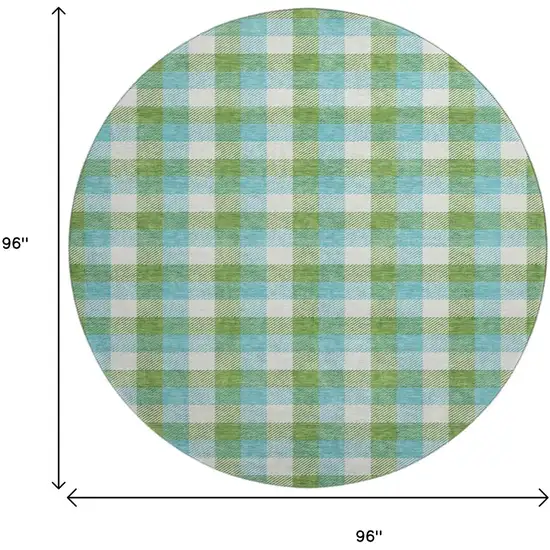8' Lime Green Teal And Ivory Plaid Washable Round Rug With UV Protection Photo 9