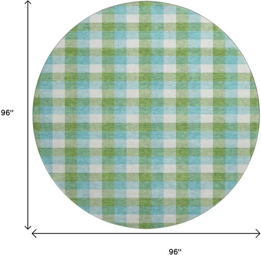 8' Lime Green Teal And Ivory Plaid Washable Round Rug With UV Protection Photo 9